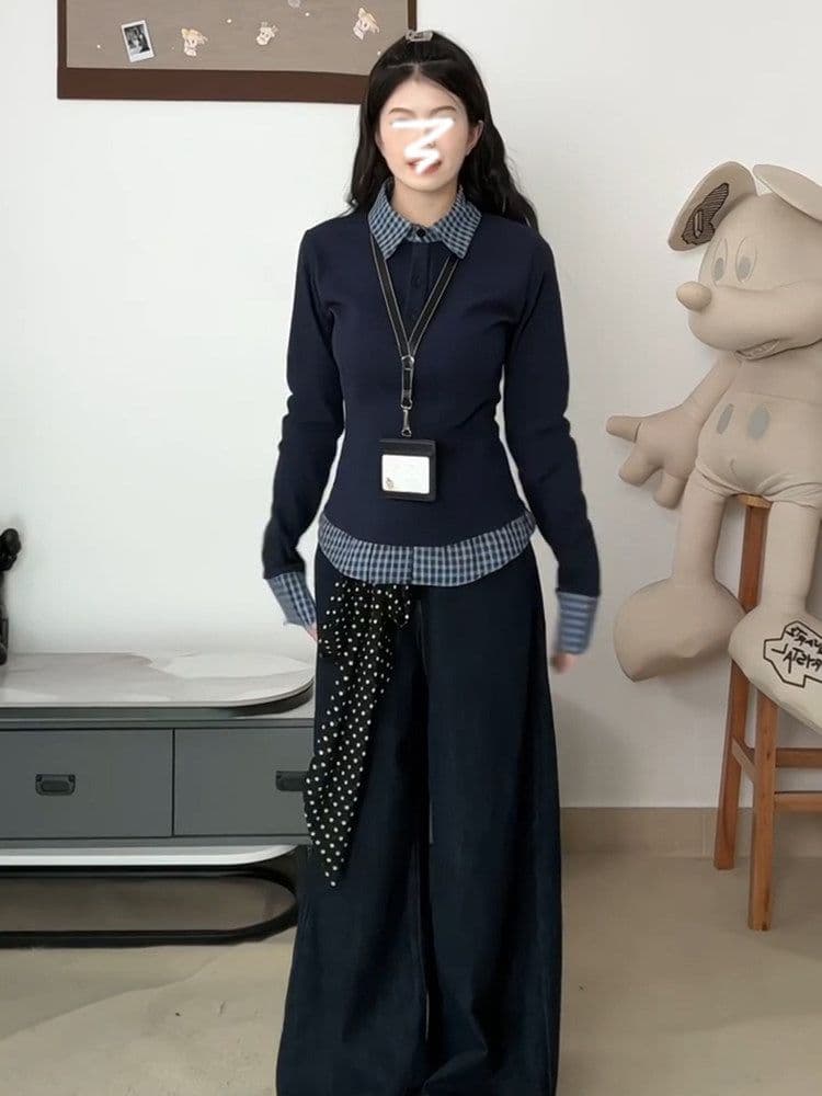 POLO 칼라 페이크 레이어드 인사이드 가져 가라. 기본 셔츠 여성 봄 여름 디자인 센스 몸매 가꾸기 긴팔 티셔츠 맨위 상세 이미지 4