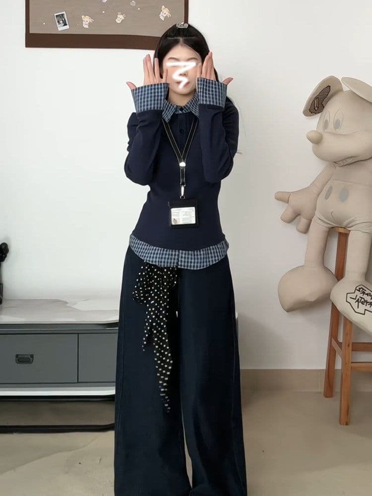 POLO 칼라 페이크 레이어드 인사이드 가져 가라. 기본 셔츠 여성 봄 여름 디자인 센스 몸매 가꾸기 긴팔 티셔츠 맨위 상세 이미지 5