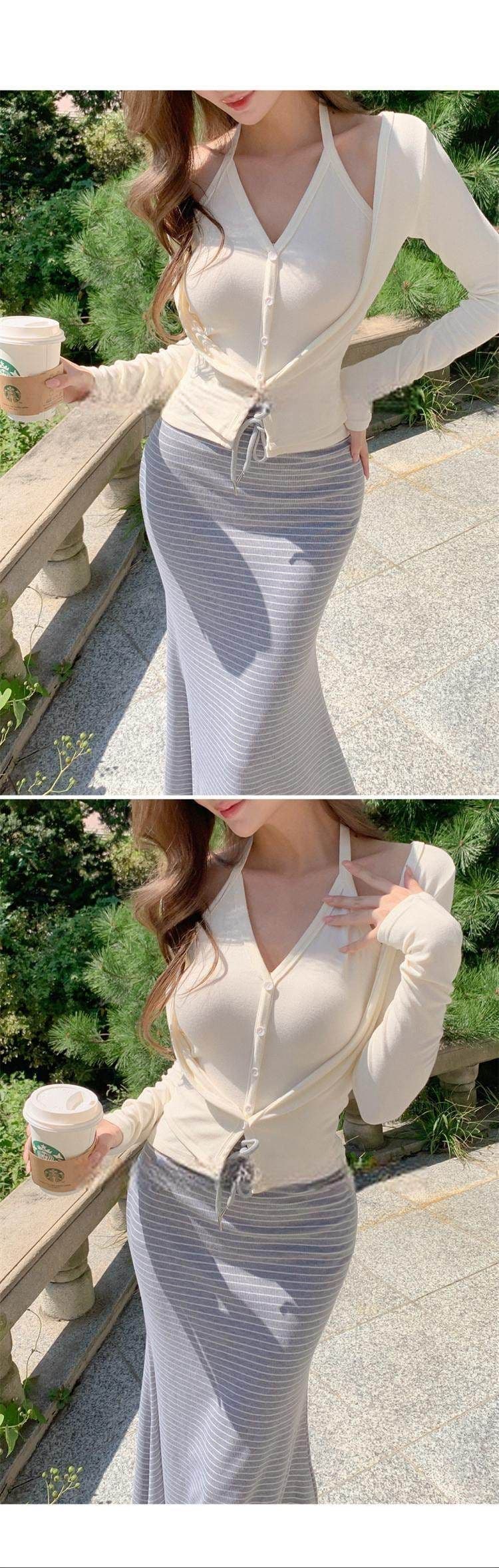 모방 면 핫걸 페이크 레이어드 행침 목 긴팔 티셔츠 여성 봄 여름 작은 대중 몸매 가꾸기 슬림해 보이는 오픈 가디건 맨위 상세 이미지 3