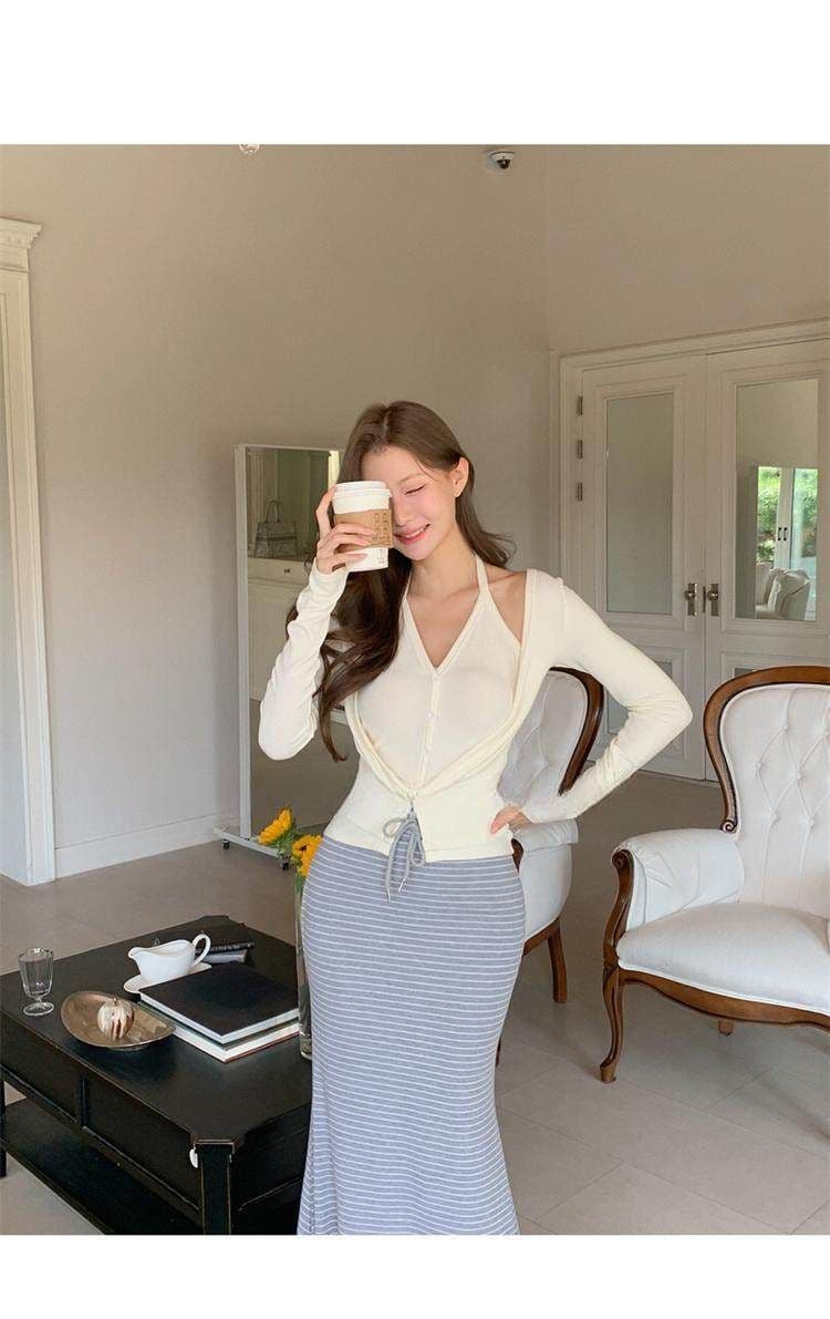 모방 면 핫걸 페이크 레이어드 행침 목 긴팔 티셔츠 여성 봄 여름 작은 대중 몸매 가꾸기 슬림해 보이는 오픈 가디건 맨위 상세 이미지 4
