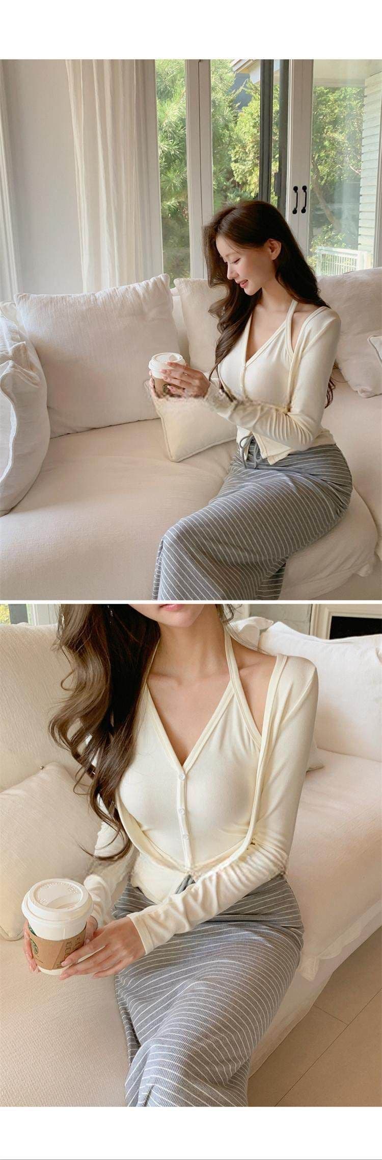 모방 면 핫걸 페이크 레이어드 행침 목 긴팔 티셔츠 여성 봄 여름 작은 대중 몸매 가꾸기 슬림해 보이는 오픈 가디건 맨위 상세 이미지 5