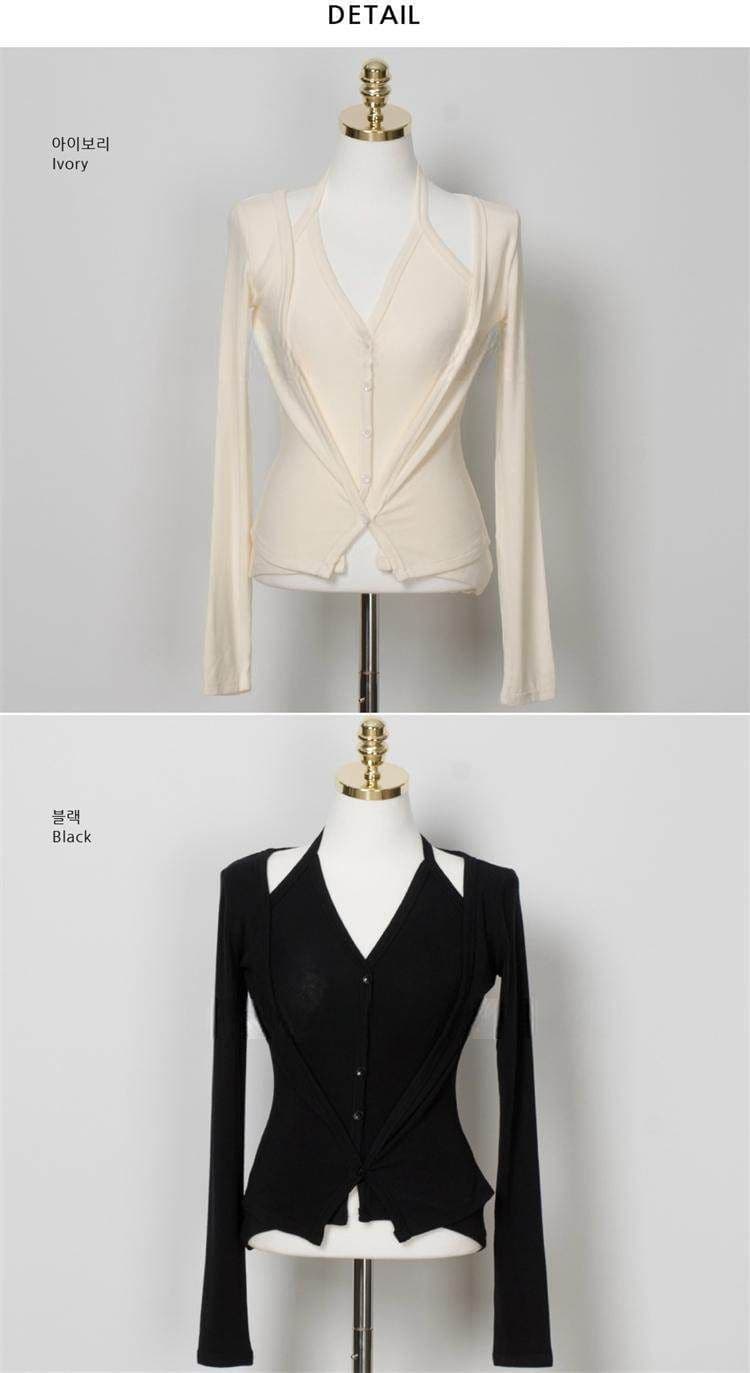 모방 면 핫걸 페이크 레이어드 행침 목 긴팔 티셔츠 여성 봄 여름 작은 대중 몸매 가꾸기 슬림해 보이는 오픈 가디건 맨위 상세 이미지 7