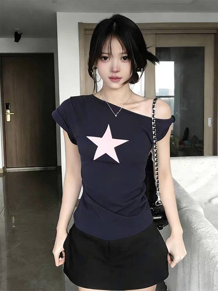 40 면 1 1 오스트리아 세대 서울 220 그램 아메리칸 핫걸 비스듬한 어깨 별 프린트 반팔 티셔츠 여성 이미지 4