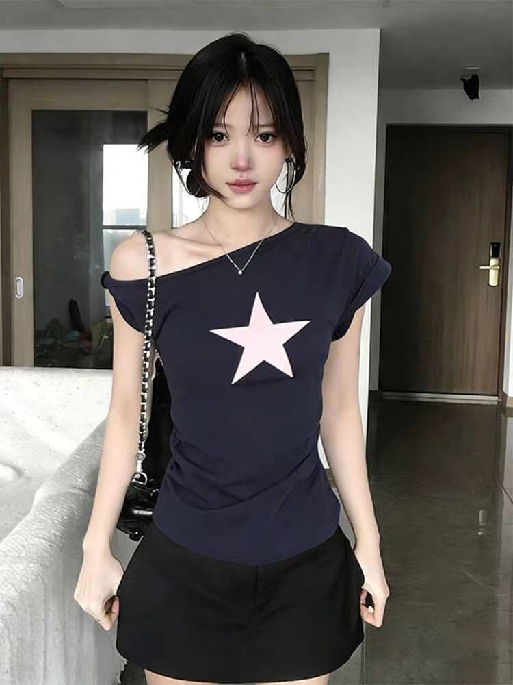 40 면 1 1 오스트리아 세대 서울 220 그램 아메리칸 핫걸 비스듬한 어깨 별 프린트 반팔 티셔츠 여성 상세 이미지 1