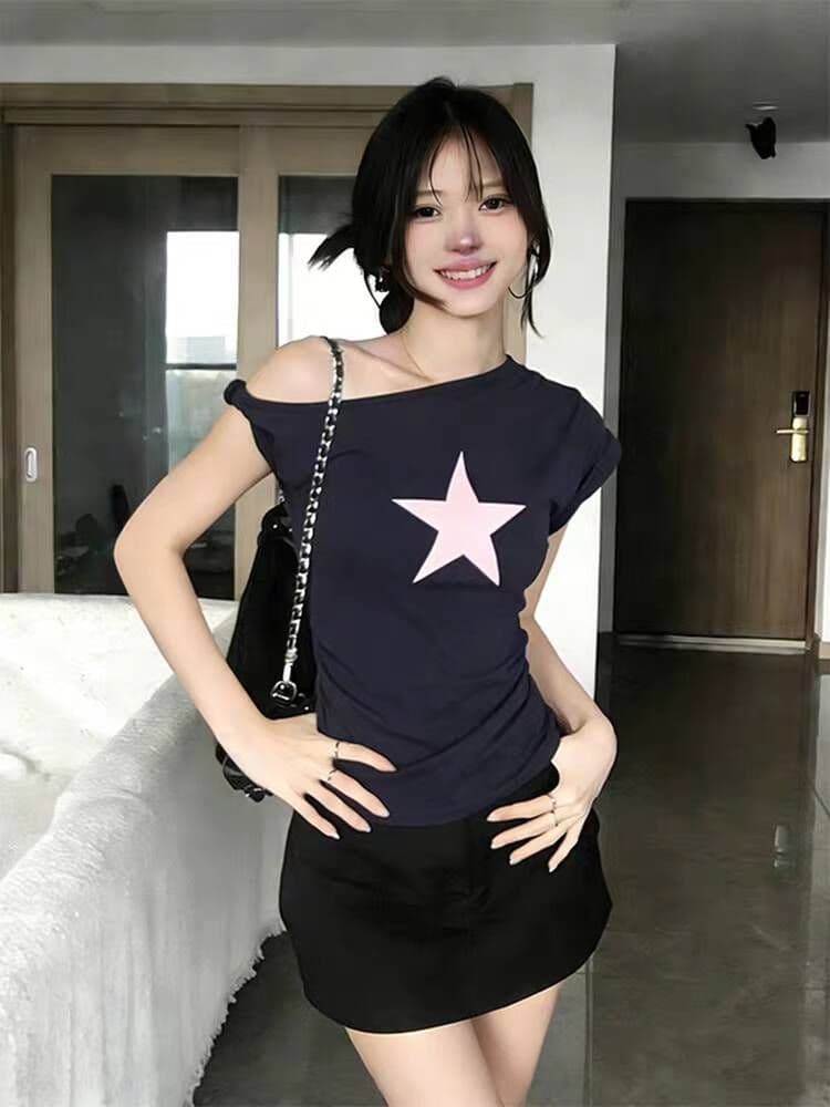 40 면 1 1 오스트리아 세대 서울 220 그램 아메리칸 핫걸 비스듬한 어깨 별 프린트 반팔 티셔츠 여성 상세 이미지 2