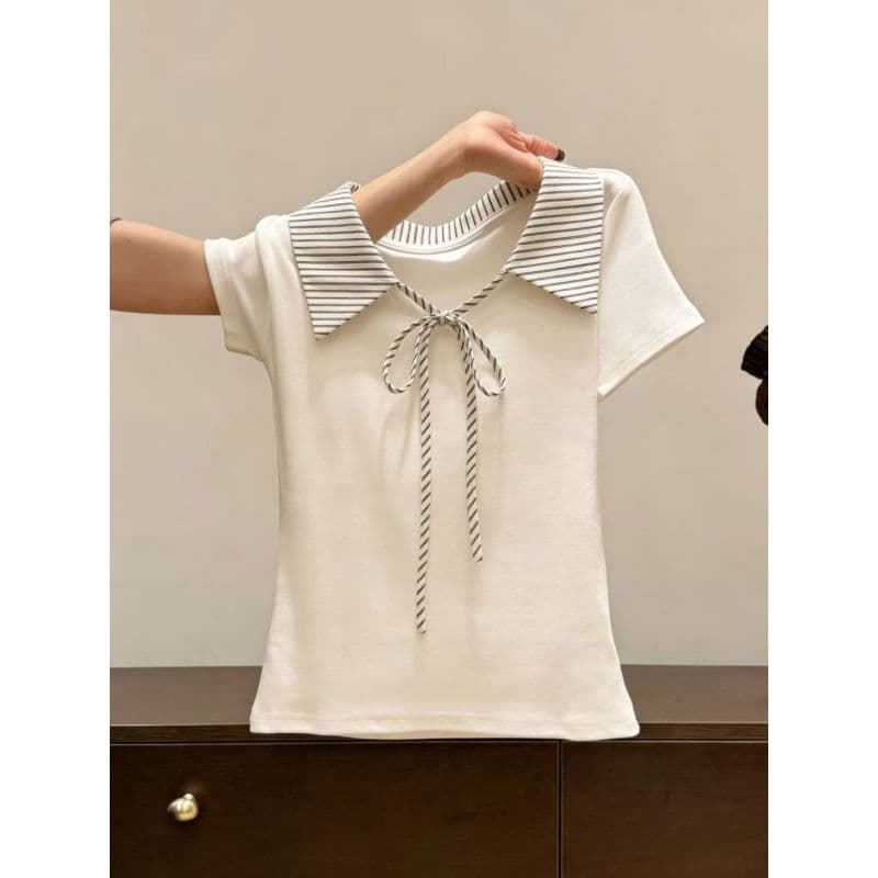 작은 대중 디자인 센스 스트라이프 폴로 칼라 반팔 티셔츠 여성 여름 새로운 나비 넥타이 Chic 연령 감소 작은 맨위