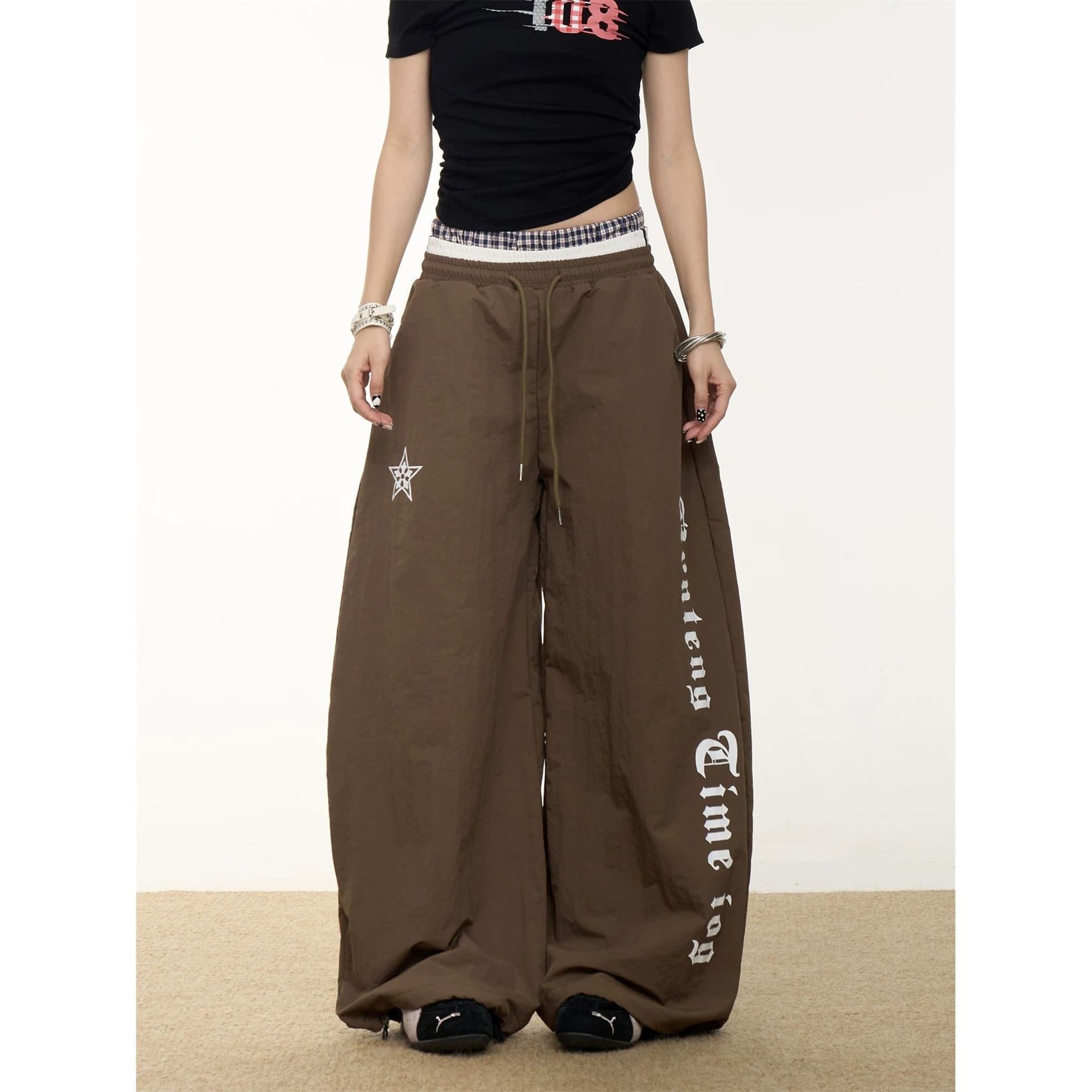 아메리칸 레트로 더블 허리 머리 레이스업 캐주얼 바지 여성 여름 루즈핏 bf 다용도 와이드 레그 팬츠 바닥 청소 긴 바지 상세 이미지 19