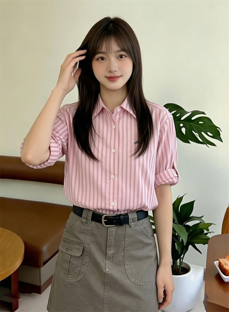 원본 1 1 품질 자수 세로 줄무늬 면 여성 셔츠 봄 여름 작은 키 맨위