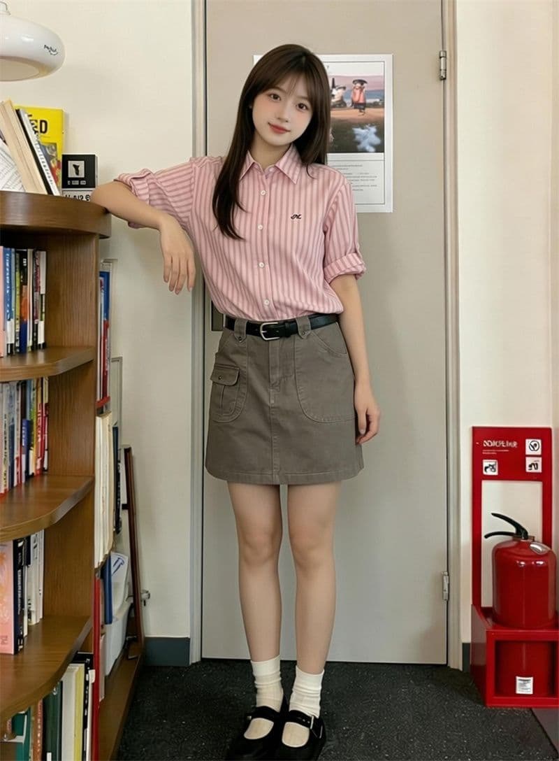 원본 1 1 품질 자수 세로 줄무늬 면 여성 셔츠 봄 여름 작은 키 맨위 상세 이미지 8
