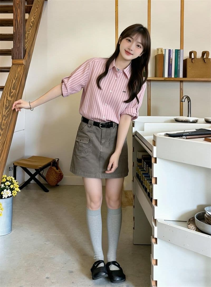원본 1 1 품질 자수 세로 줄무늬 면 여성 셔츠 봄 여름 작은 키 맨위 상세 이미지 9