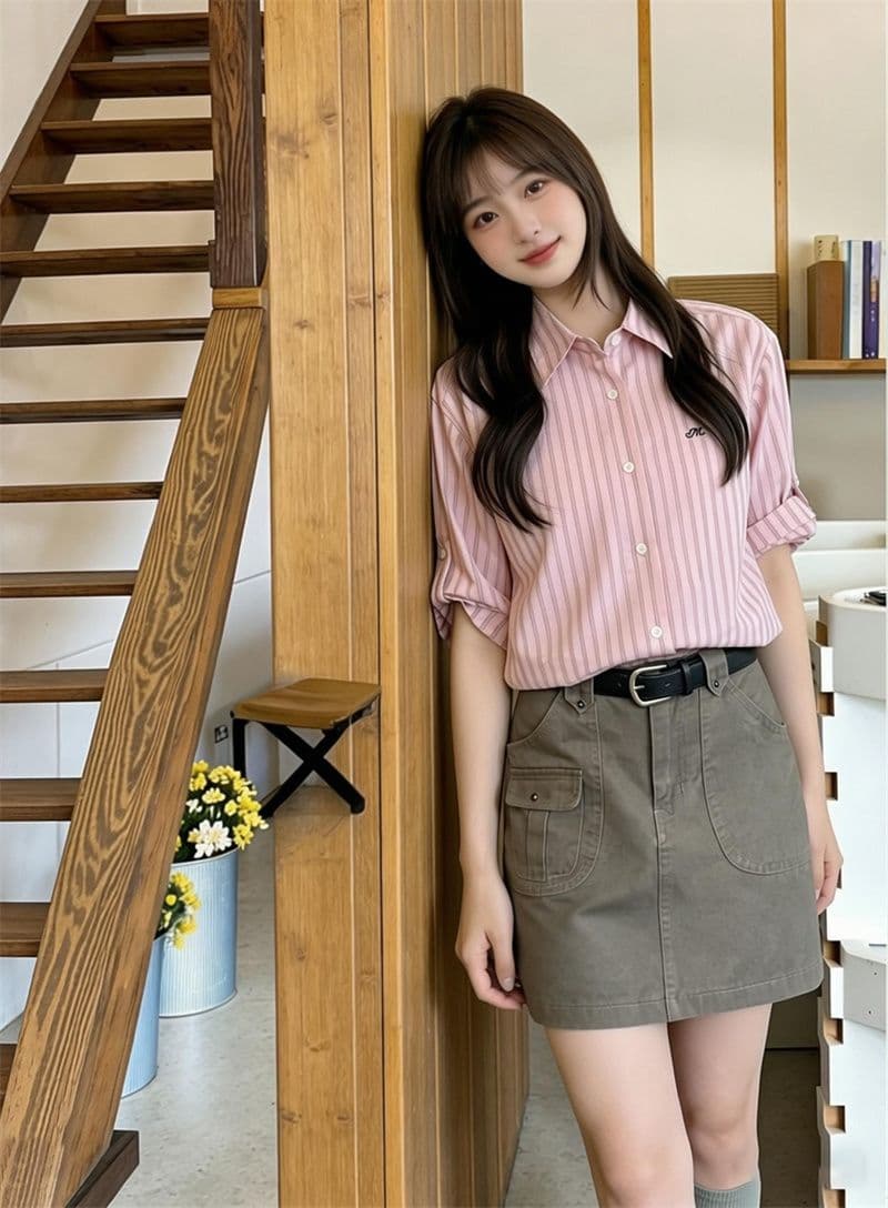 원본 1 1 품질 자수 세로 줄무늬 면 여성 셔츠 봄 여름 작은 키 맨위 상세 이미지 10