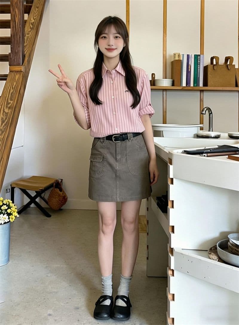 원본 1 1 품질 자수 세로 줄무늬 면 여성 셔츠 봄 여름 작은 키 맨위 상세 이미지 11