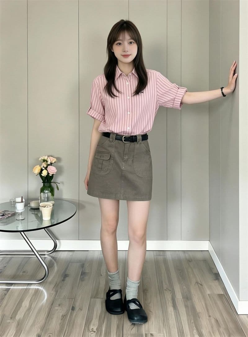 원본 1 1 품질 자수 세로 줄무늬 면 여성 셔츠 봄 여름 작은 키 맨위 상세 이미지 12
