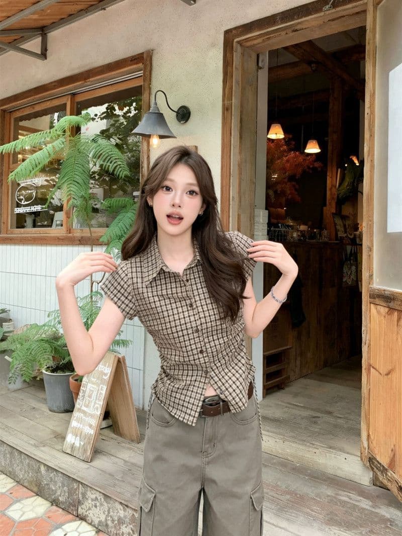 원본 1 1 품질 커피 색상 체크무늬 반팔 셔츠 몸매 가꾸기 슬림해 보이는 허리 수축 셔츠 작은 맨위 이미지 3