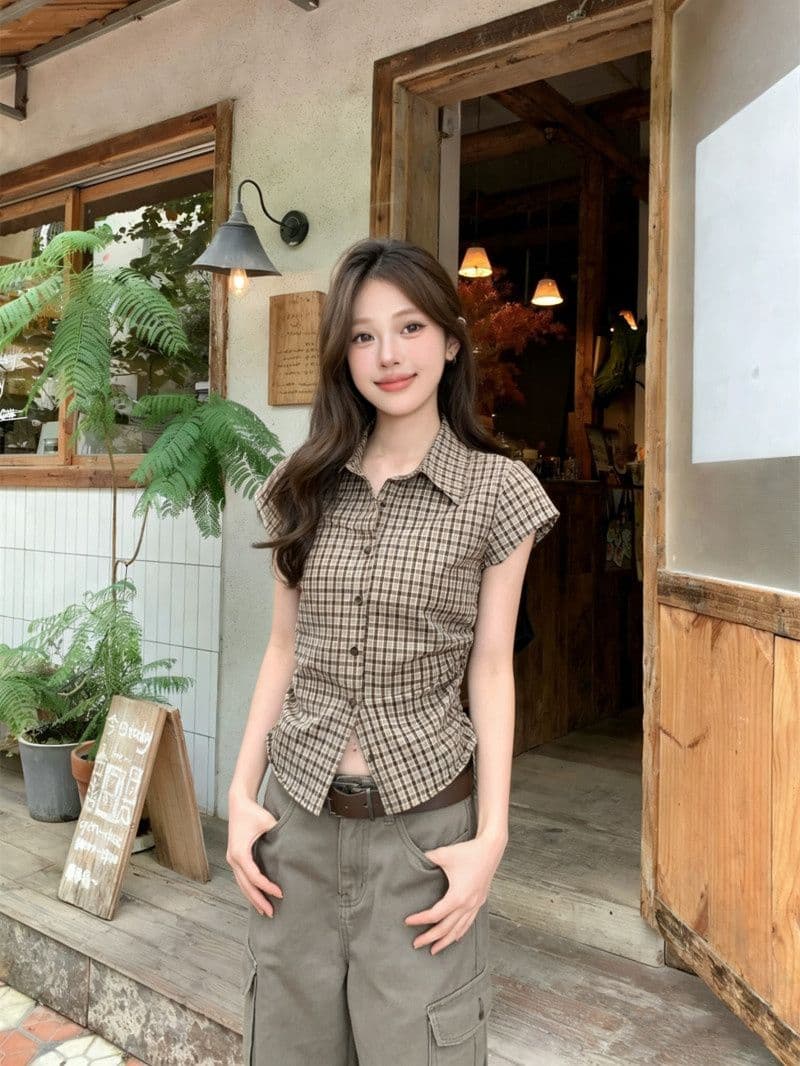 원본 1 1 품질 커피 색상 체크무늬 반팔 셔츠 몸매 가꾸기 슬림해 보이는 허리 수축 셔츠 작은 맨위 이미지 4