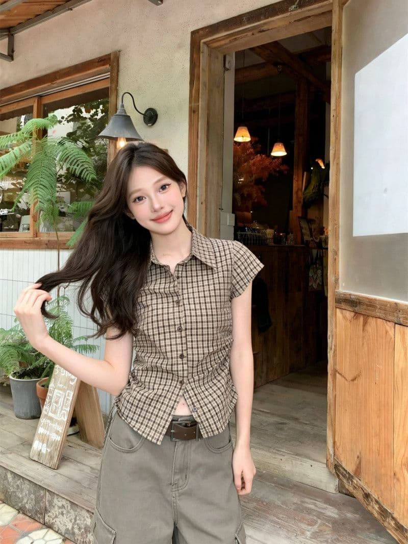 원본 1 1 품질 커피 색상 체크무늬 반팔 셔츠 몸매 가꾸기 슬림해 보이는 허리 수축 셔츠 작은 맨위 상세 이미지 6