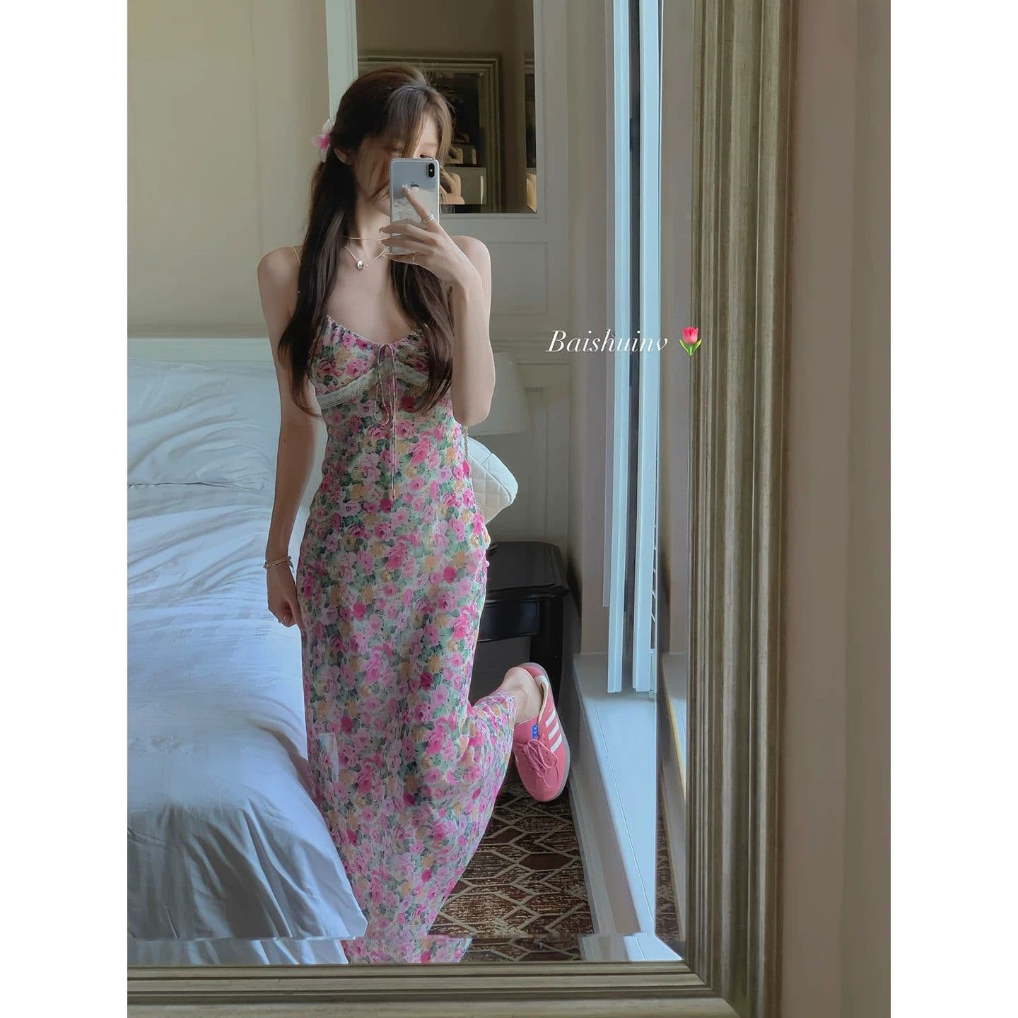 인터넷 유명인 섹시함 V넥 몸매 가꾸기 슬림해 보이는 민소매 타이트 스커트 롱 스커트 프랑스식 핫걸 바람 레이스 조각 슬립 드레스 이미지 3