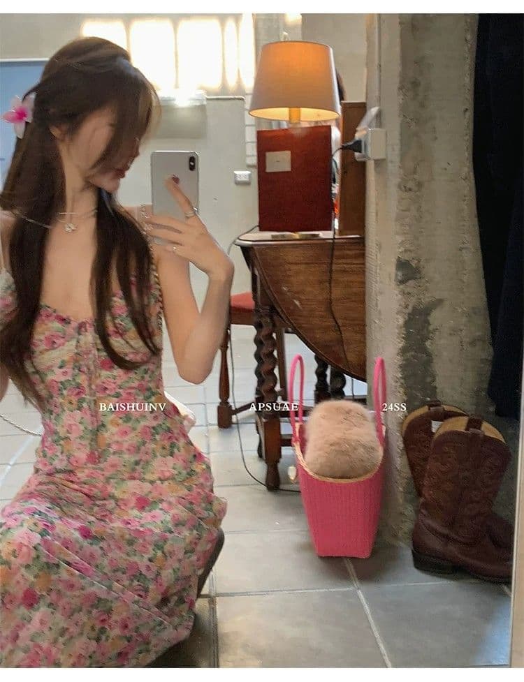 인터넷 유명인 섹시함 V넥 몸매 가꾸기 슬림해 보이는 민소매 타이트 스커트 롱 스커트 프랑스식 핫걸 바람 레이스 조각 슬립 드레스 상세 이미지 4