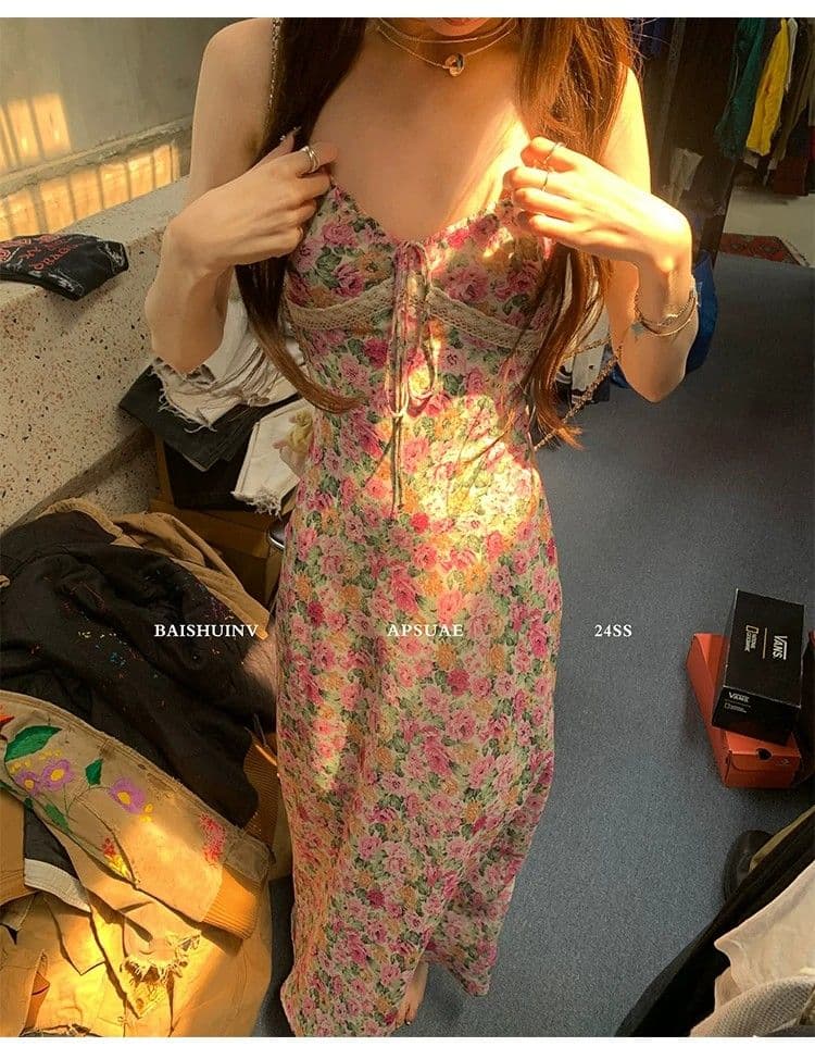 인터넷 유명인 섹시함 V넥 몸매 가꾸기 슬림해 보이는 민소매 타이트 스커트 롱 스커트 프랑스식 핫걸 바람 레이스 조각 슬립 드레스 상세 이미지 5