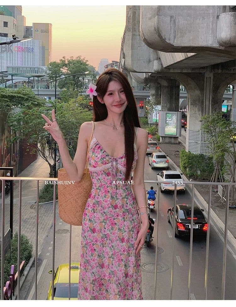 인터넷 유명인 섹시함 V넥 몸매 가꾸기 슬림해 보이는 민소매 타이트 스커트 롱 스커트 프랑스식 핫걸 바람 레이스 조각 슬립 드레스 상세 이미지 7