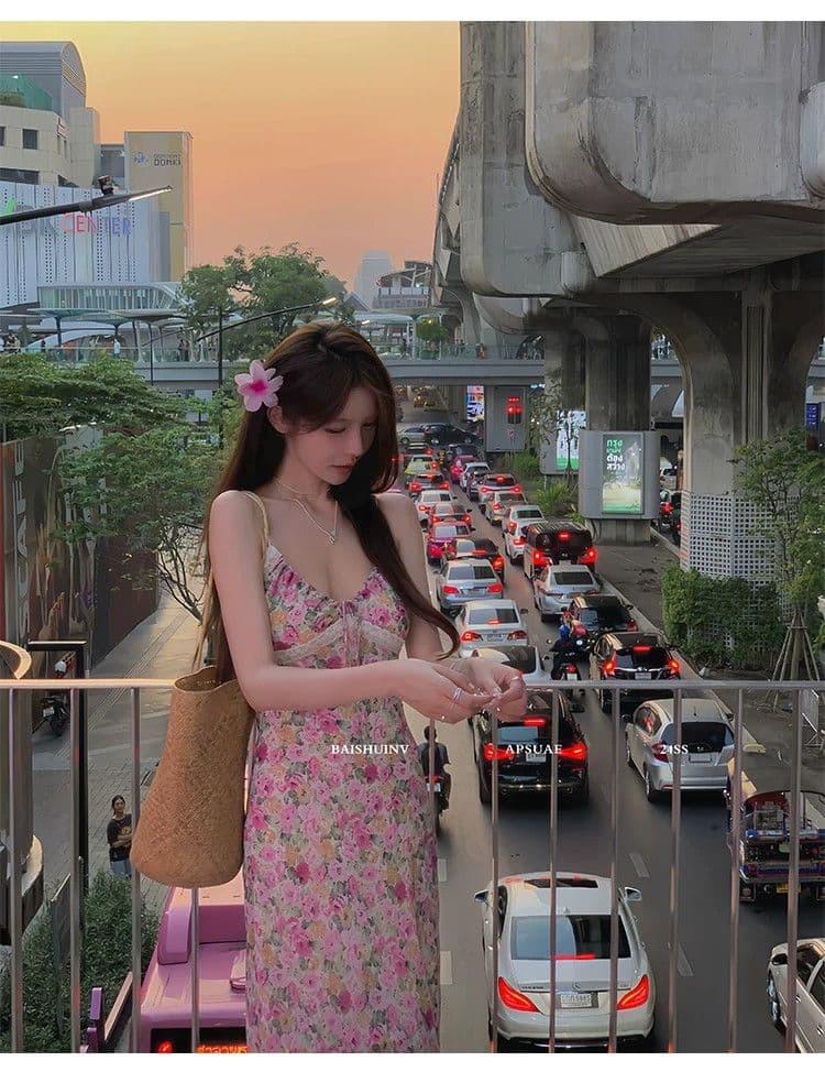 인터넷 유명인 섹시함 V넥 몸매 가꾸기 슬림해 보이는 민소매 타이트 스커트 롱 스커트 프랑스식 핫걸 바람 레이스 조각 슬립 드레스 상세 이미지 9