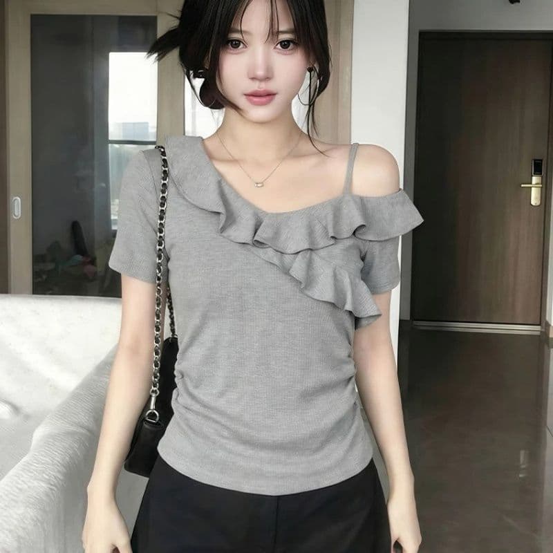 260 그램 사람들 면 회색 고급 센스 프릴 비스듬한 어깨 반팔 티셔츠 여성 여름 핫걸 오프숄더 아름다운 맨위 이미지 3
