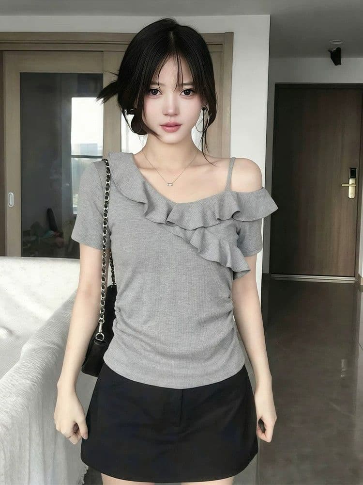 260 그램 사람들 면 회색 고급 센스 프릴 비스듬한 어깨 반팔 티셔츠 여성 여름 핫걸 오프숄더 아름다운 맨위 상세 이미지 1