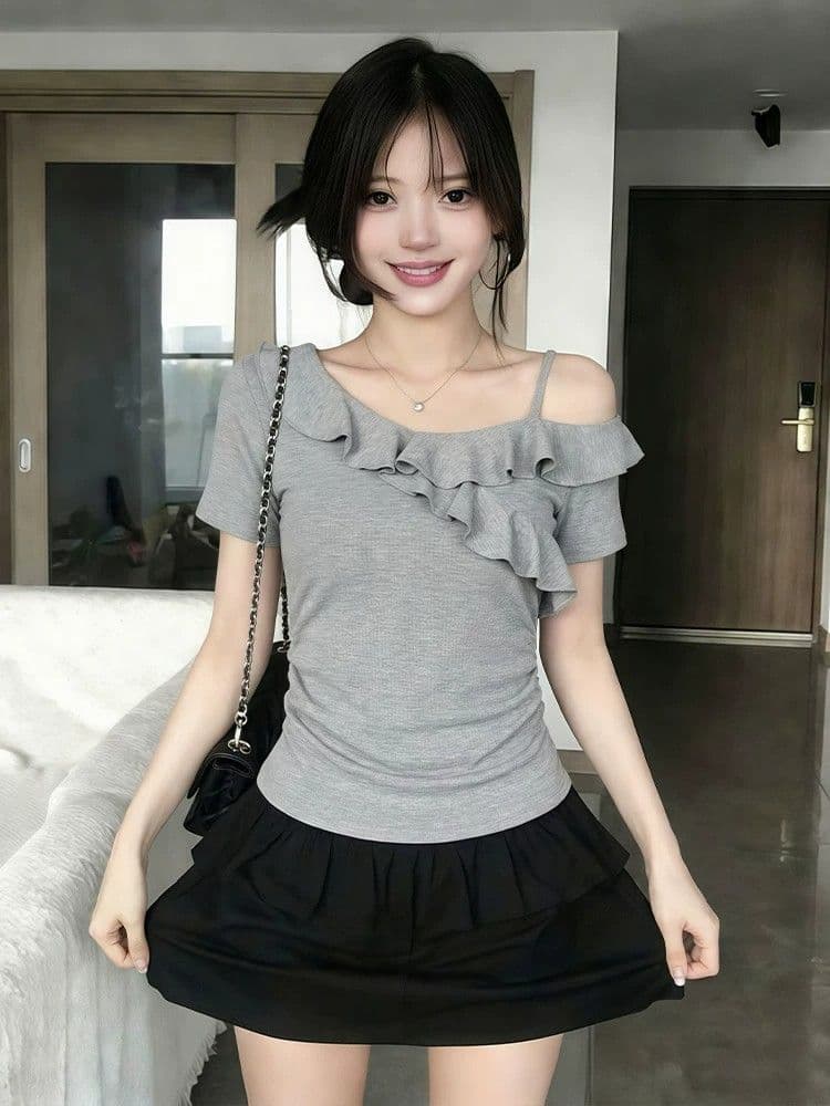 260 그램 사람들 면 회색 고급 센스 프릴 비스듬한 어깨 반팔 티셔츠 여성 여름 핫걸 오프숄더 아름다운 맨위 상세 이미지 3