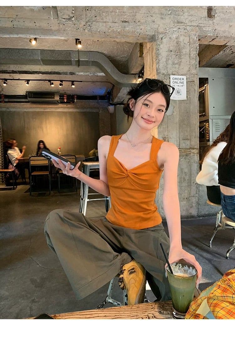 한 부서 핫걸 바람 긍정적 인 빨간색 비틀림 캐미솔 여름 몸매 가꾸기 슬림해 보이는 외출용 인사이드 가져 가라. 민소매 순수한 욕망 맨위 상세 이미지 14