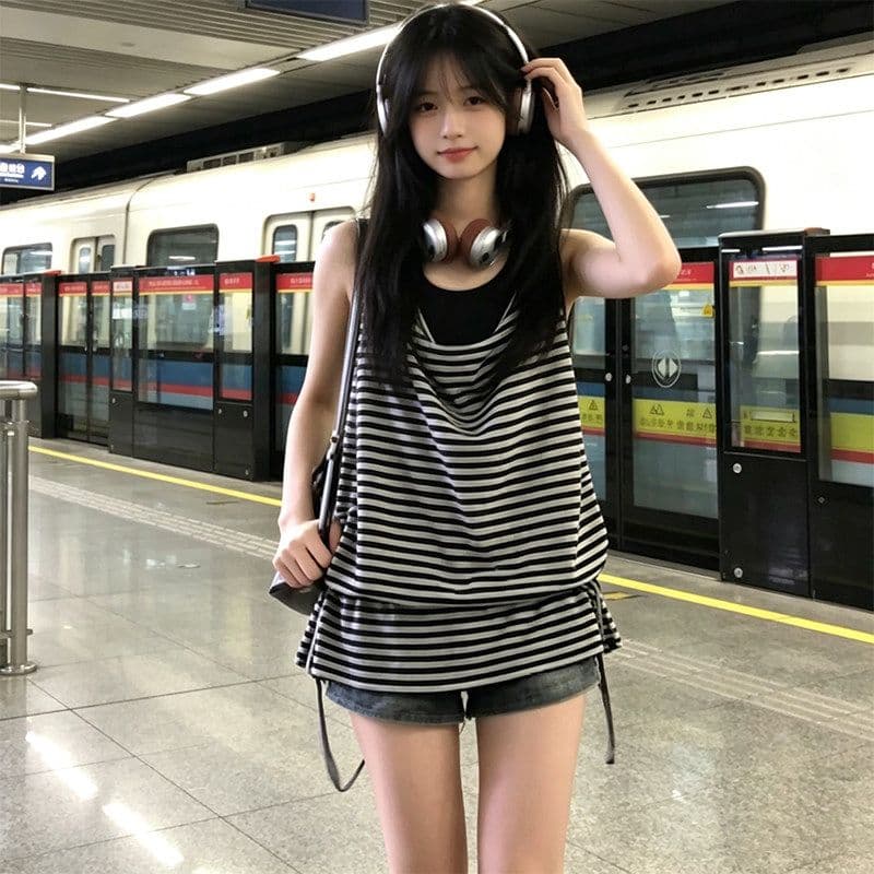 주간 실크 눈꽃 한 부서 느슨함 센스 스트라이프 민소매 티셔츠 여성 여름 섹션 루즈핏 슬림해 보이는 투피스 조끼 맨위 상세 이미지 1
