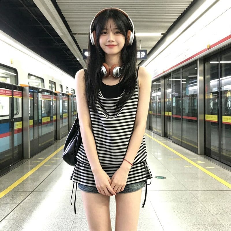 주간 실크 눈꽃 한 부서 느슨함 센스 스트라이프 민소매 티셔츠 여성 여름 섹션 루즈핏 슬림해 보이는 투피스 조끼 맨위 상세 이미지 3