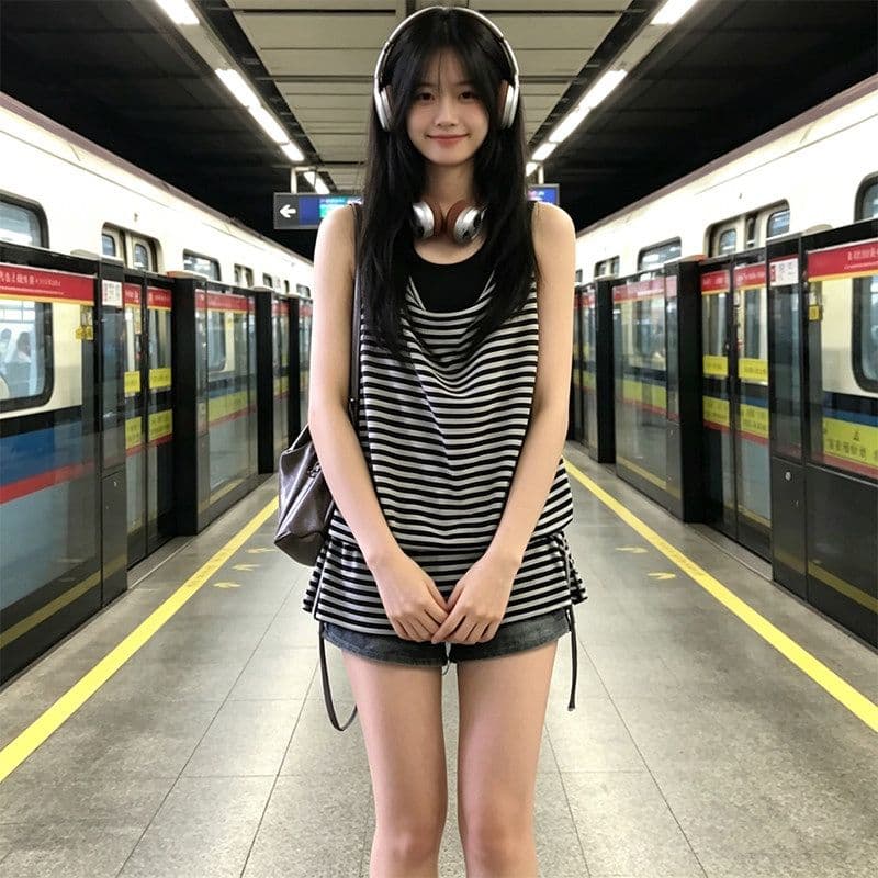 주간 실크 눈꽃 한 부서 느슨함 센스 스트라이프 민소매 티셔츠 여성 여름 섹션 루즈핏 슬림해 보이는 투피스 조끼 맨위 상세 이미지 6