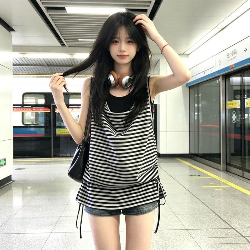 주간 실크 눈꽃 한 부서 느슨함 센스 스트라이프 민소매 티셔츠 여성 여름 섹션 루즈핏 슬림해 보이는 투피스 조끼 맨위 이미지 2