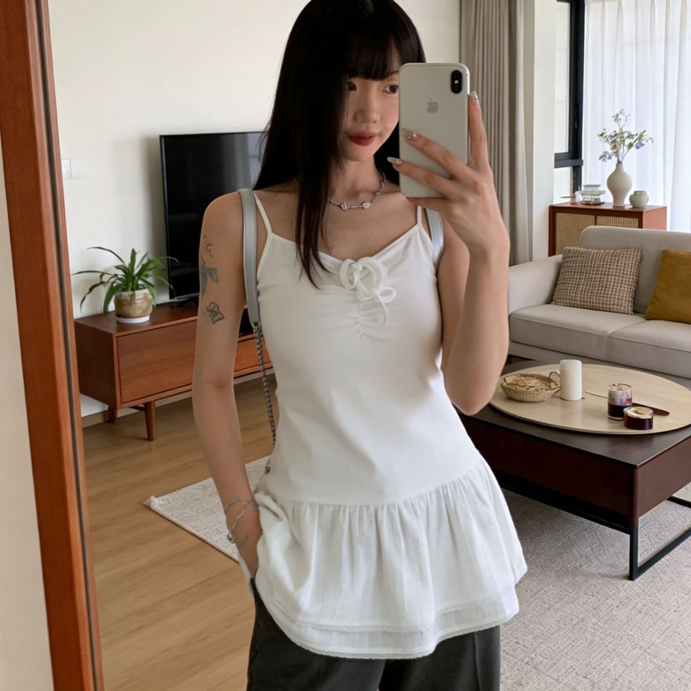 한 부서 스트랩 주름 조끼 슬립 여름 미니멀리즘 몸매 가꾸기 이중층 레이스 치마 인사이드 가져 가라. 외출용 아름다운 맨위 이미지 2