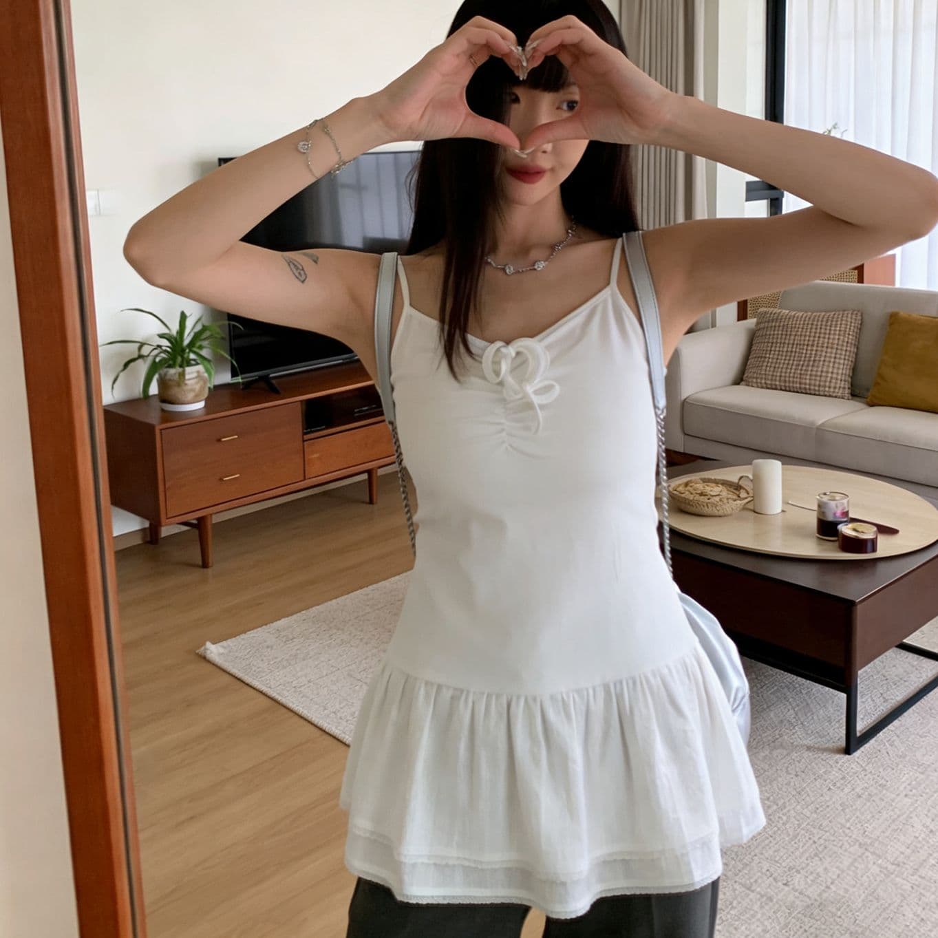 한 부서 스트랩 주름 조끼 슬립 여름 미니멀리즘 몸매 가꾸기 이중층 레이스 치마 인사이드 가져 가라. 외출용 아름다운 맨위 이미지 5