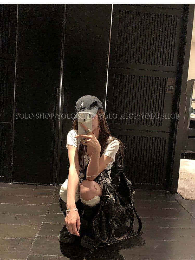 230 크 모달 화이트 프린트 티셔츠 여성 여름 새로운 다용도 V넥 긍정적 인 어깨 작은 대중 반팔 맨위 상세 이미지 13