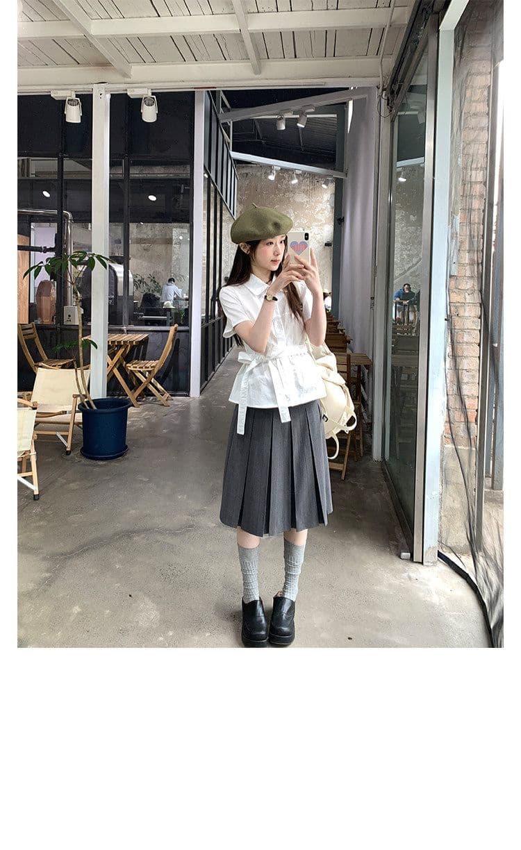 원본 원단 작은 대중 디자인 센스 허리 수축 레이스업 반팔 셔츠 여자 프랑스식 품격 흰 셔츠 상세 이미지 4