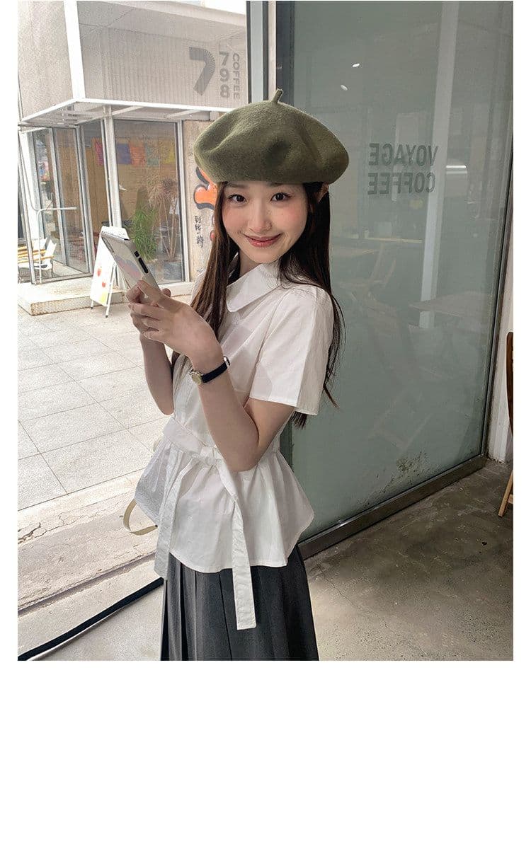 원본 원단 작은 대중 디자인 센스 허리 수축 레이스업 반팔 셔츠 여자 프랑스식 품격 흰 셔츠 상세 이미지 5