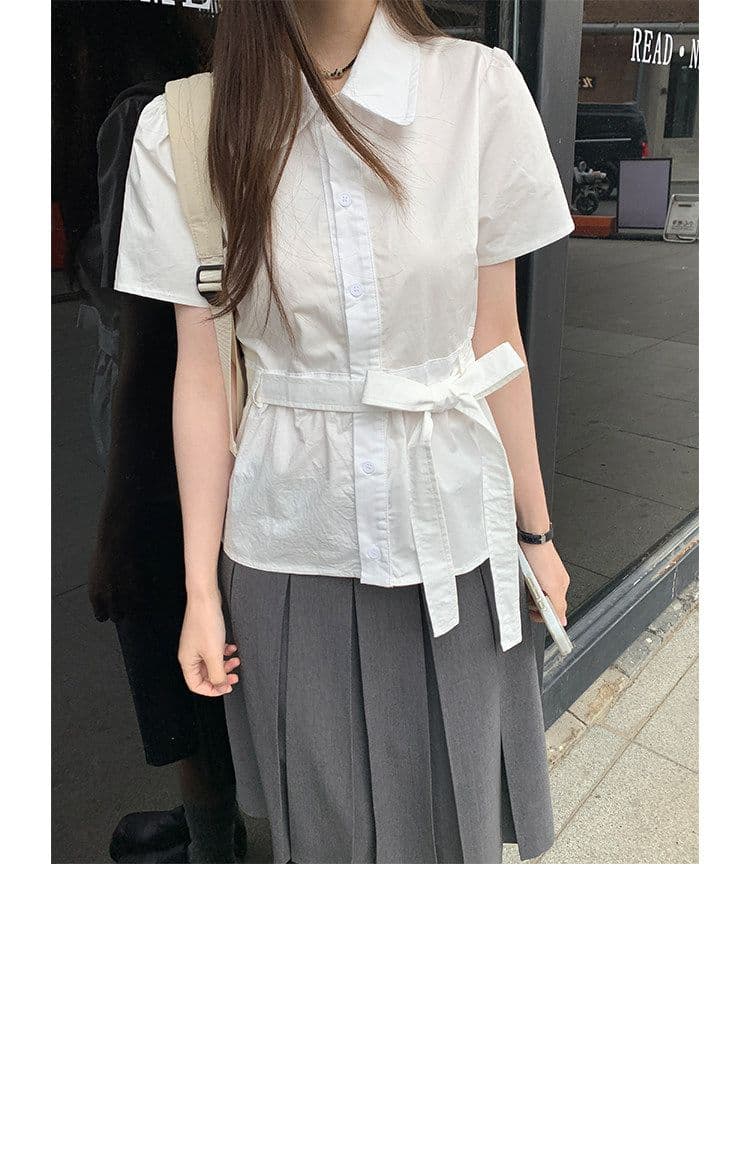 원본 원단 작은 대중 디자인 센스 허리 수축 레이스업 반팔 셔츠 여자 프랑스식 품격 흰 셔츠 상세 이미지 8
