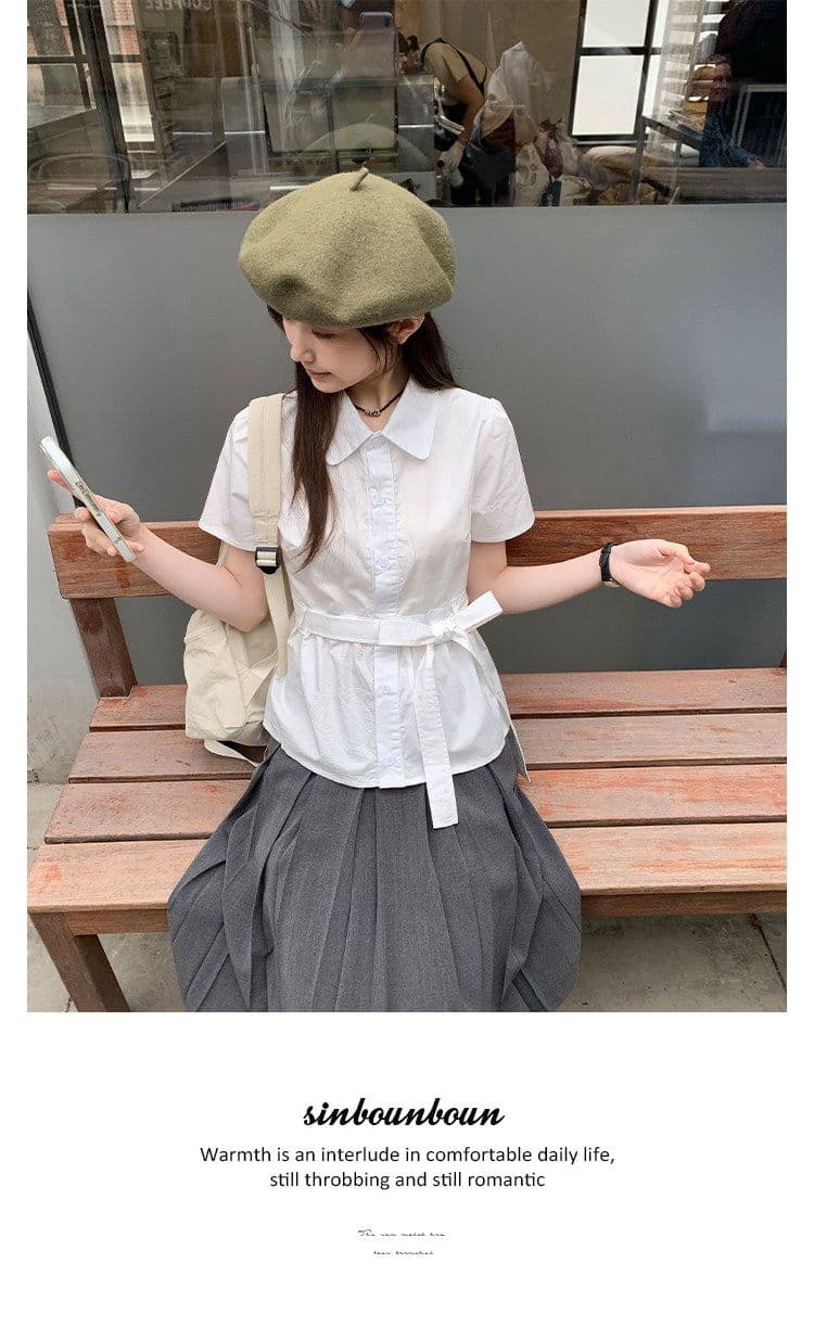 원본 원단 작은 대중 디자인 센스 허리 수축 레이스업 반팔 셔츠 여자 프랑스식 품격 흰 셔츠 상세 이미지 10