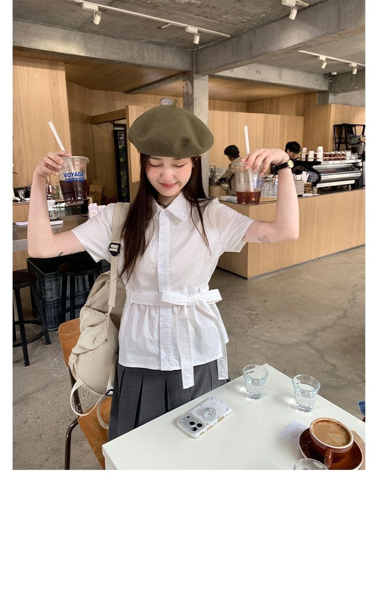 원본 원단 작은 대중 디자인 센스 허리 수축 레이스업 반팔 셔츠 여자 프랑스식 품격 흰 셔츠 상세 이미지 12