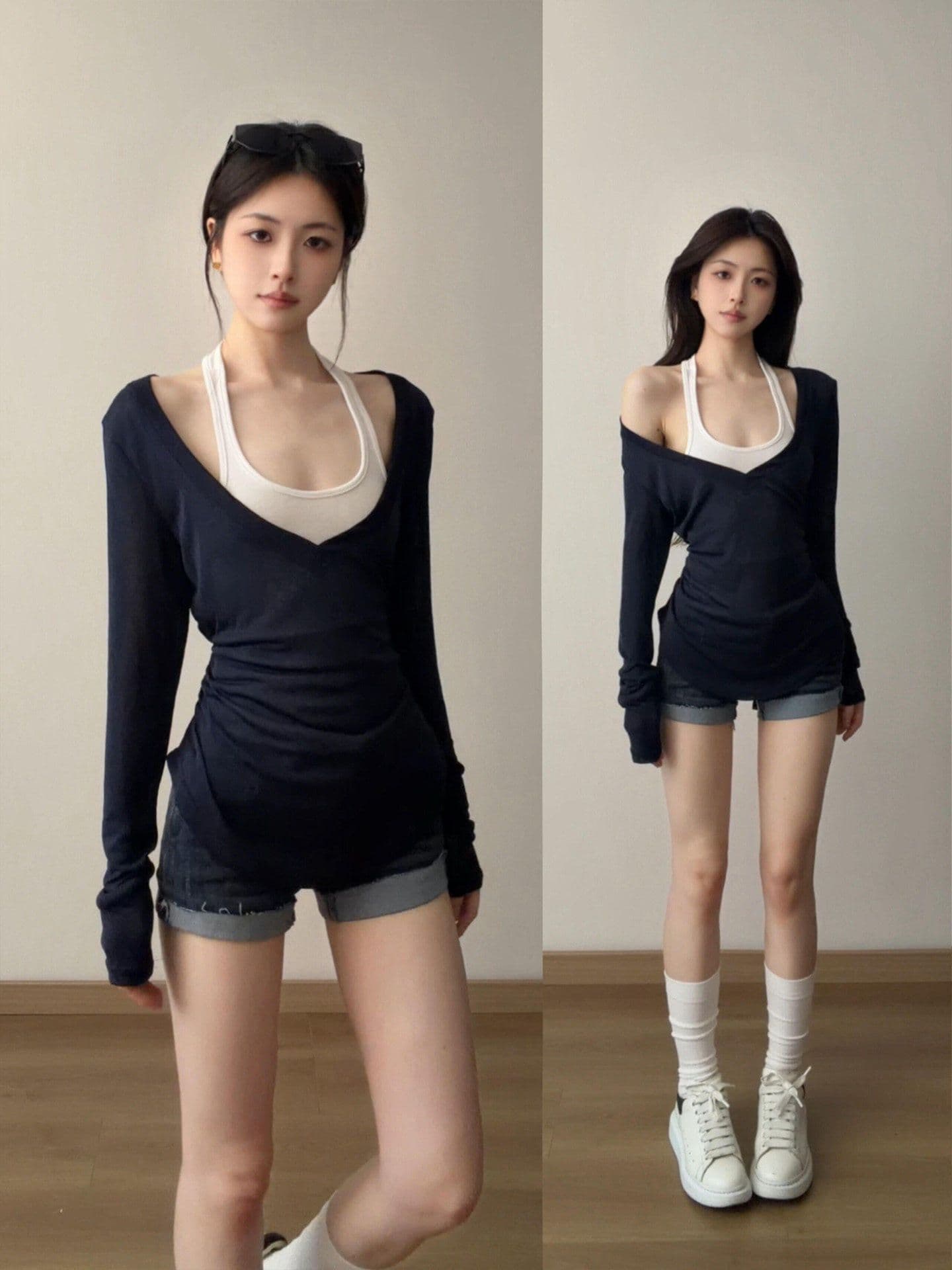 페이크 레이어드 행침 목 V넥 자외선 차단 긴팔 티셔츠 여성 여름 2026 새로운 얇고 가벼운 거즈 덮개 셔츠 허리 수축 슬림해 보이는 상세 이미지 3