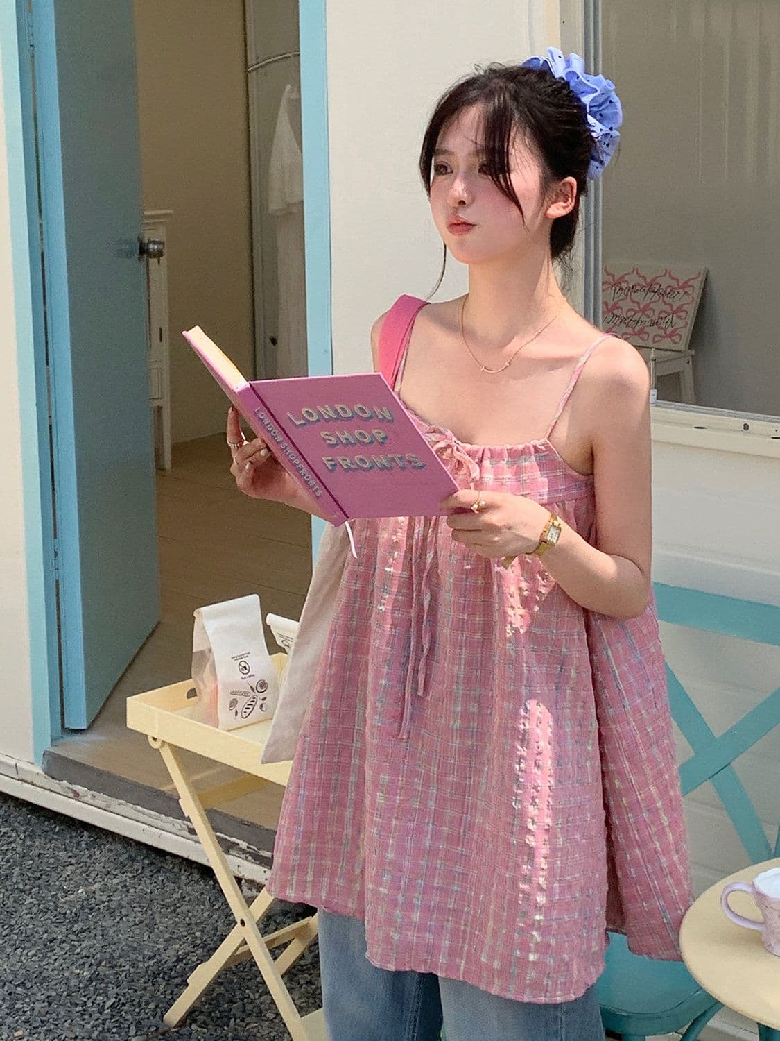 원본 원단 달콤함 다용도 레이스업 나비 매듭 핑크색 체크무늬 캐미솔 연령 감소 민소매 맨위