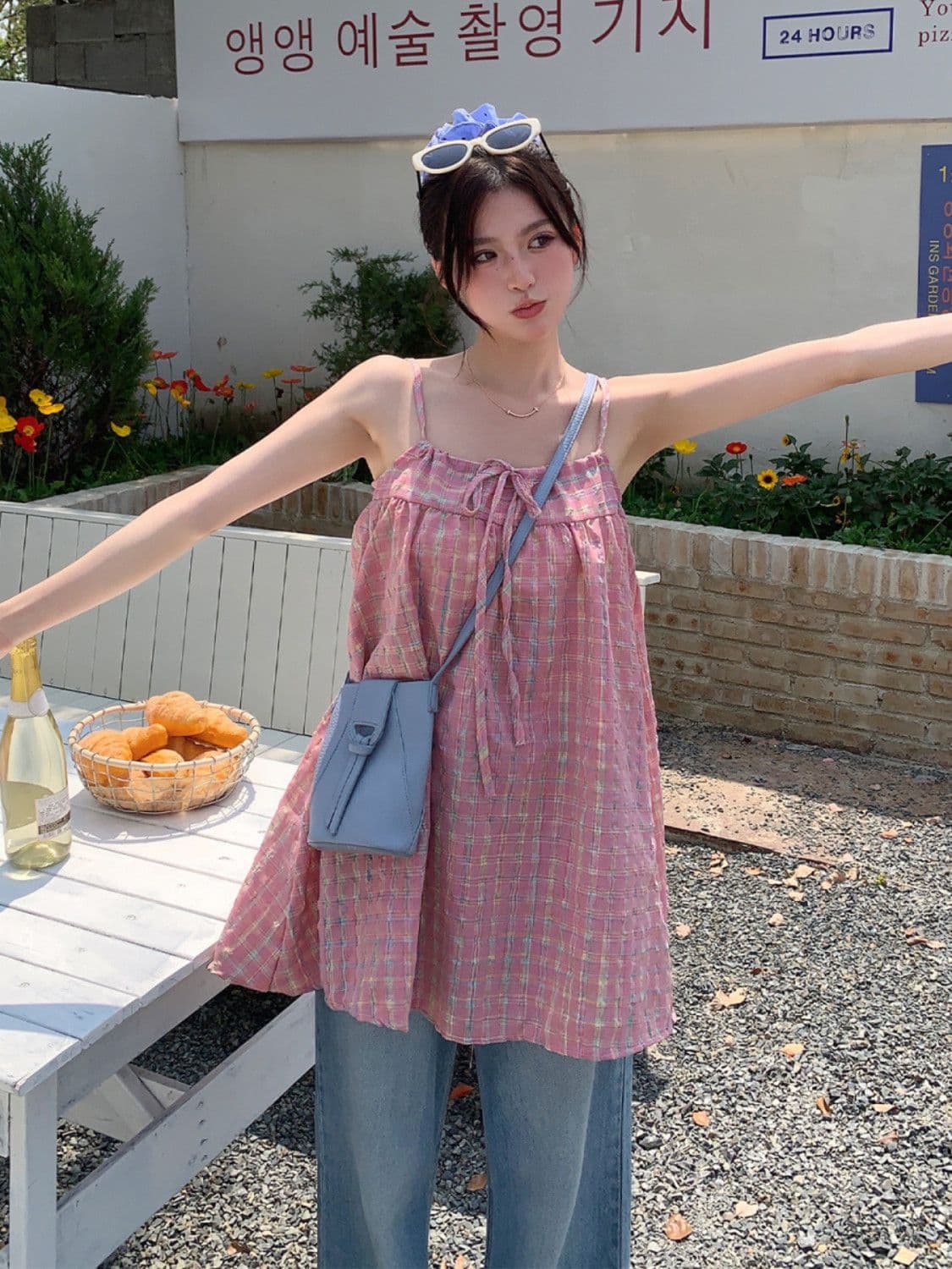 원본 원단 달콤함 다용도 레이스업 나비 매듭 핑크색 체크무늬 캐미솔 연령 감소 민소매 맨위 이미지 4