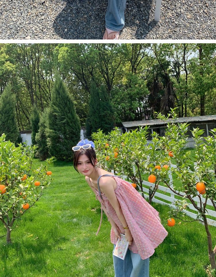 원본 원단 달콤함 다용도 레이스업 나비 매듭 핑크색 체크무늬 캐미솔 연령 감소 민소매 맨위 상세 이미지 8