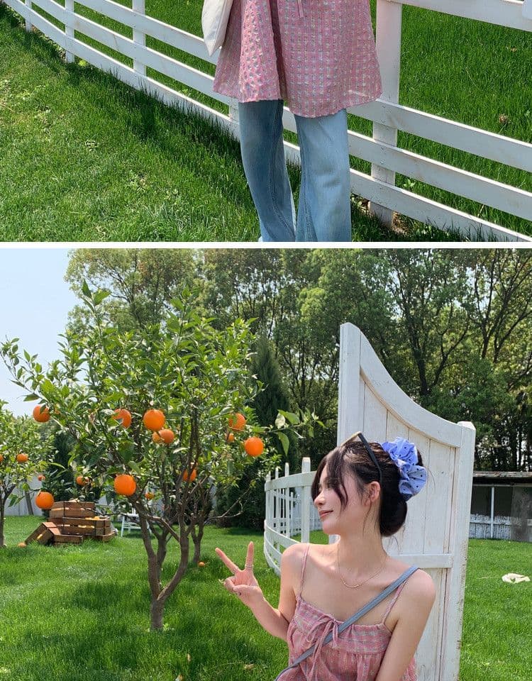 원본 원단 달콤함 다용도 레이스업 나비 매듭 핑크색 체크무늬 캐미솔 연령 감소 민소매 맨위 상세 이미지 12