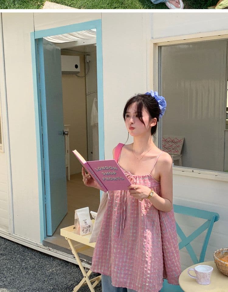 원본 원단 달콤함 다용도 레이스업 나비 매듭 핑크색 체크무늬 캐미솔 연령 감소 민소매 맨위 상세 이미지 17