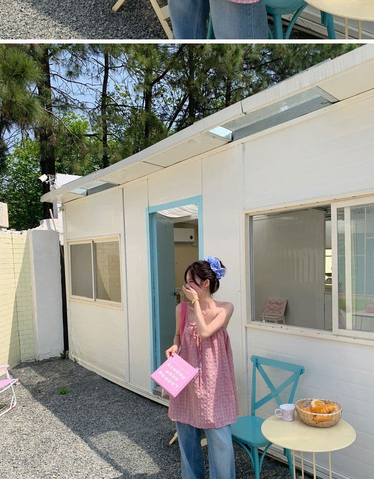 원본 원단 달콤함 다용도 레이스업 나비 매듭 핑크색 체크무늬 캐미솔 연령 감소 민소매 맨위 상세 이미지 18
