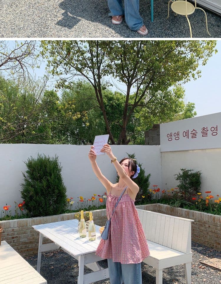 원본 원단 달콤함 다용도 레이스업 나비 매듭 핑크색 체크무늬 캐미솔 연령 감소 민소매 맨위 상세 이미지 19