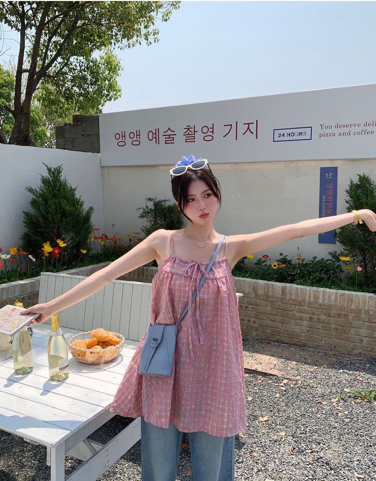 원본 원단 달콤함 다용도 레이스업 나비 매듭 핑크색 체크무늬 캐미솔 연령 감소 민소매 맨위 상세 이미지 21